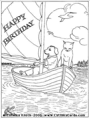 Happy Birthday Cards Coloring Pages. Happy Birthday Cat and Dog in