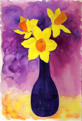 daffodils in blue bottle, purple
