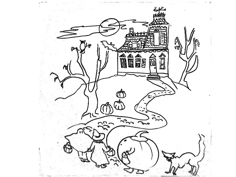 Haunted house and trick-or-treaters drawing