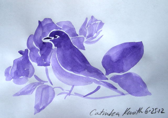 bluebird & roses watercolor study in purple by Catinka Knoth