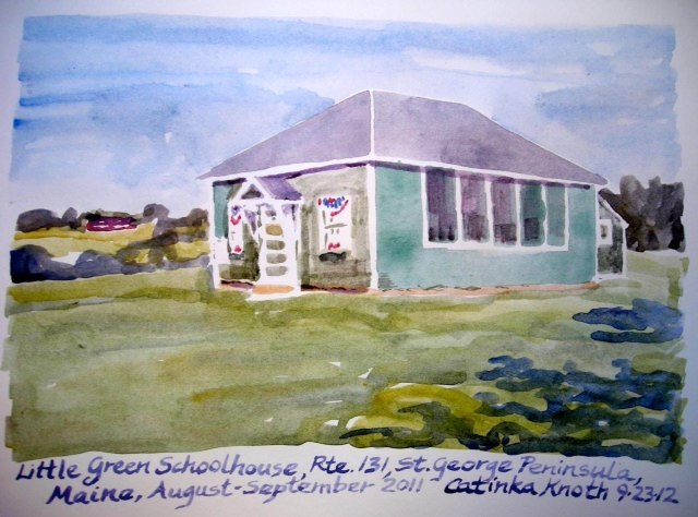 green schoolhouse watercolor by Catinka Knoth