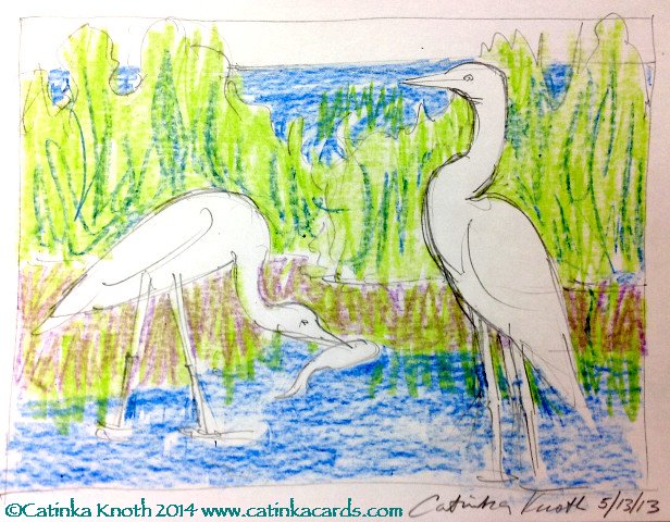 Egrets marsh scene crayon drawing by Catinka Knoth