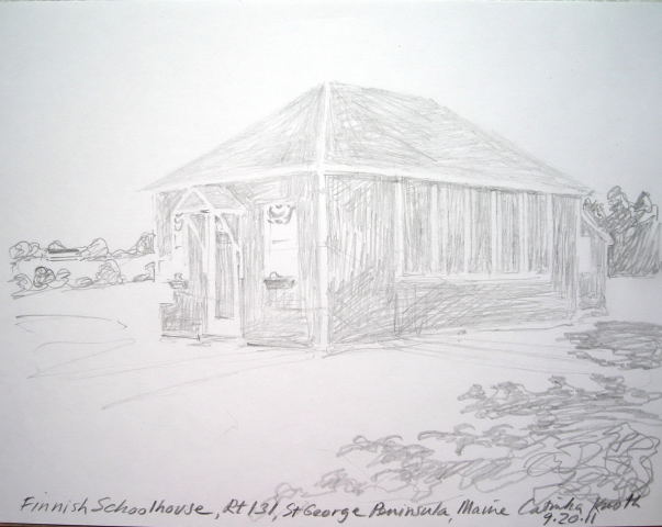 Maine one room schoolhouse, drawing by Catinka Knoth
