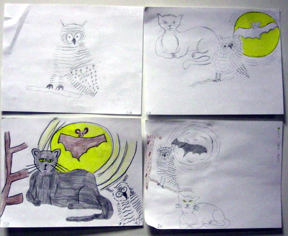 Owls, Cats, Bats artwork by kids