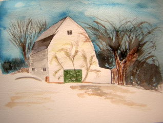 Vermont winter barn watercolor