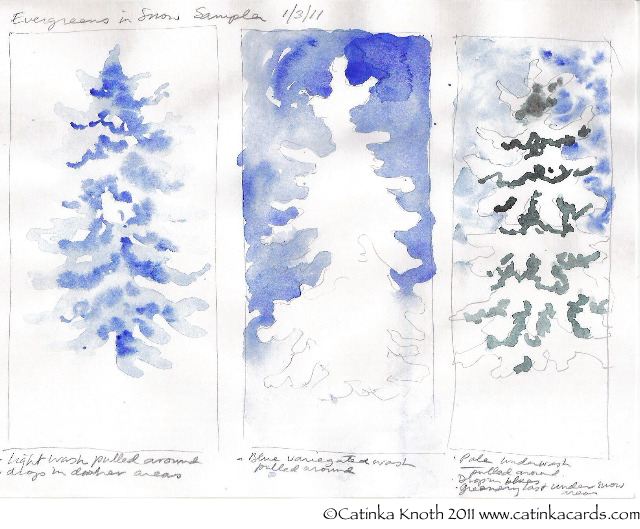 evergreens in snow watercolor sampler