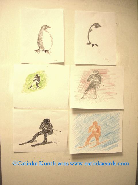 winter art by adult students - penguins and skiiers